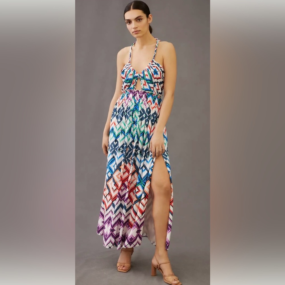 Anthropologie Geo Print Halter Maxi Dress NWT 00 Euro Summer Resort Vacation
